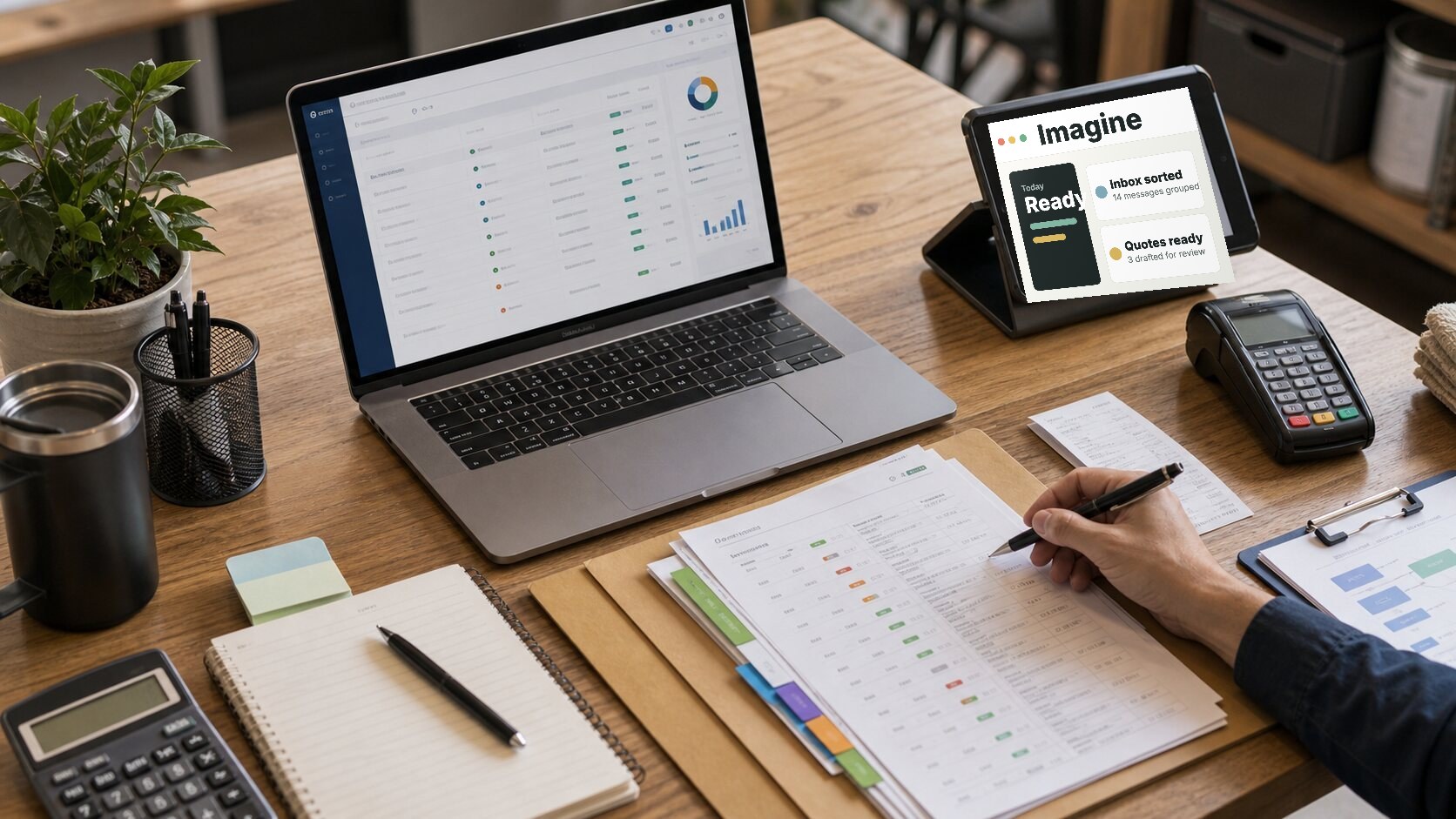 Receivables aging review desk with laptop, invoice papers, payment terminal, and priority notes