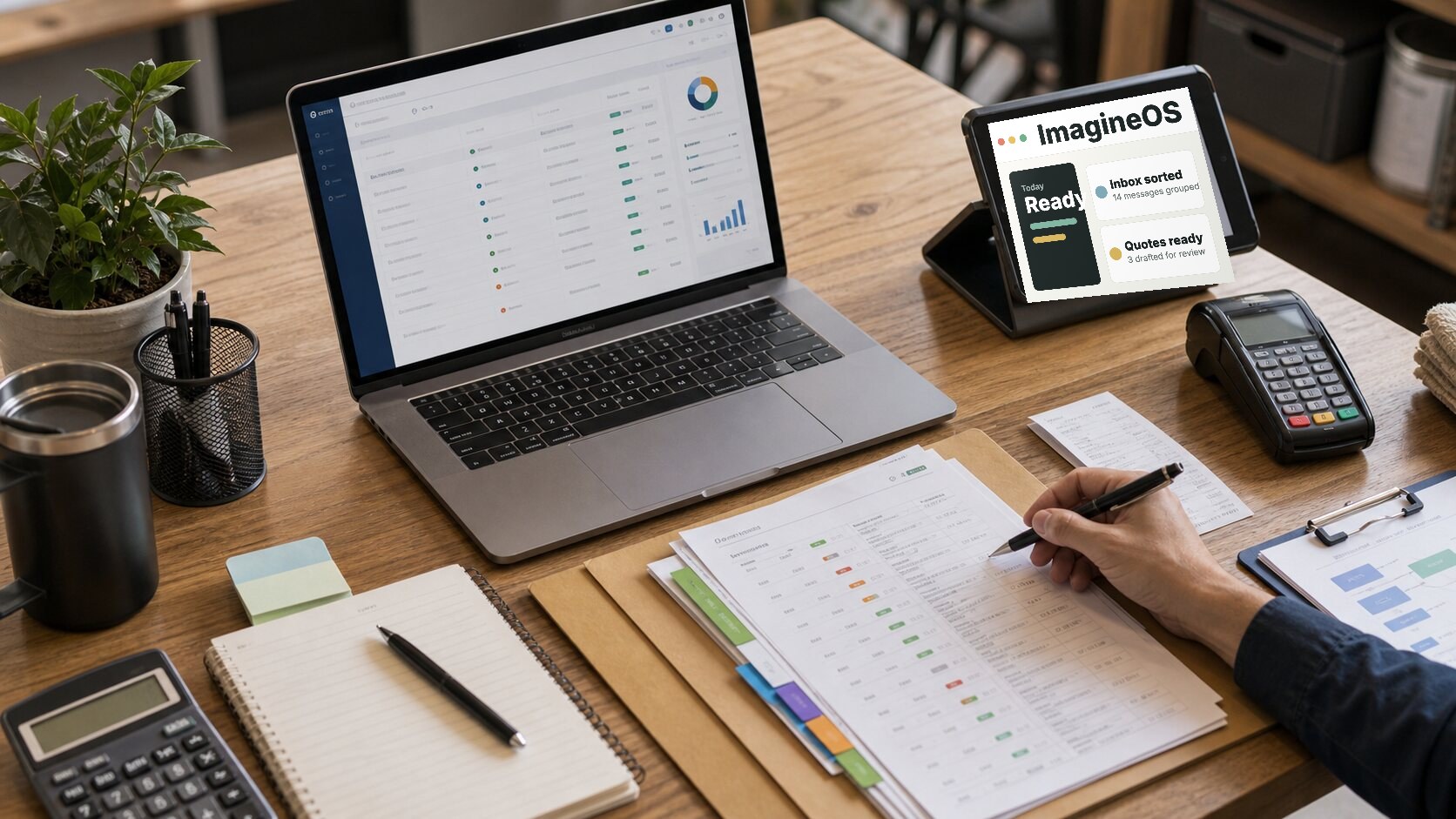 Receivables aging review desk with laptop, invoice papers, payment terminal, and priority notes