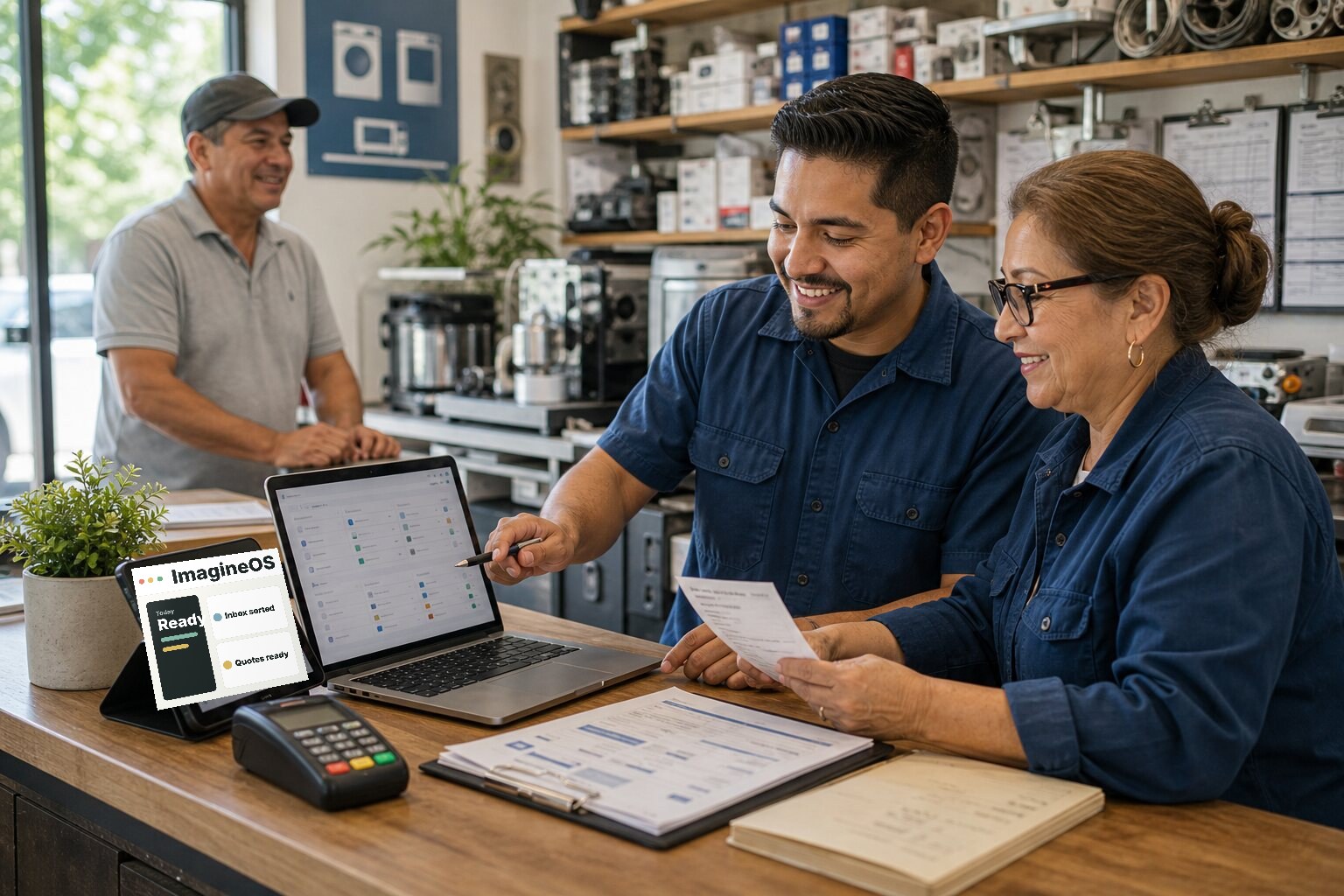 Local service team reviewing an AR brief at the front desk