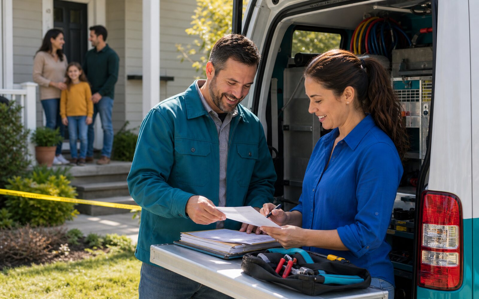 Field-service owner and office lead smiling over invoice paperwork beside a service van while a family waits in the background