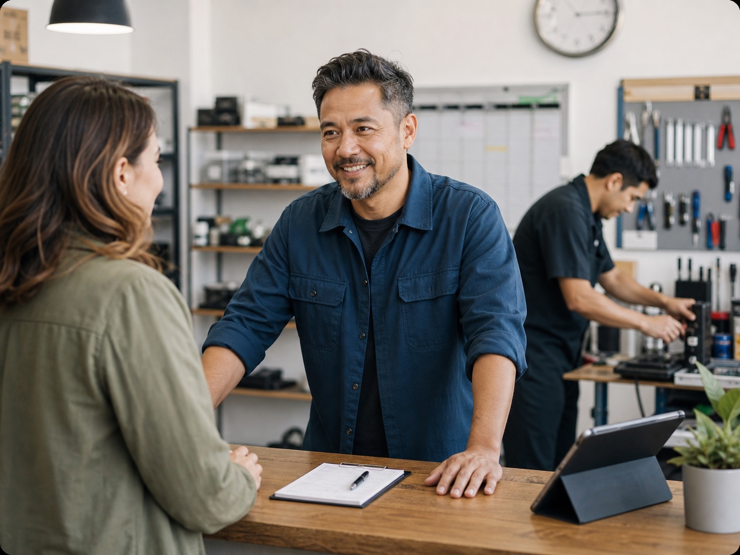 Home repair coordinator smiling with a customer at a service counter