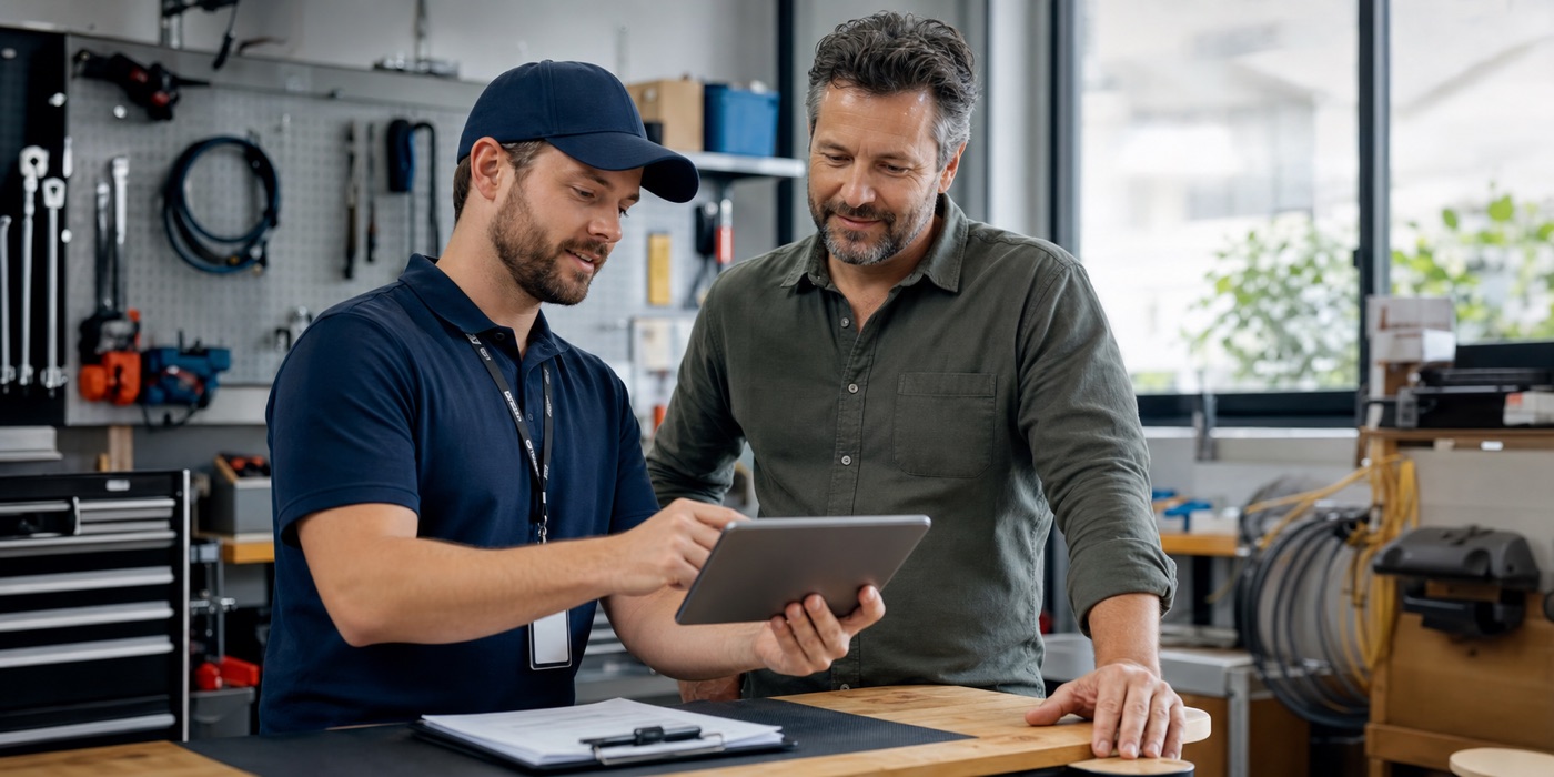 Home repair technician and business owner smiling while reviewing a job on a tablet