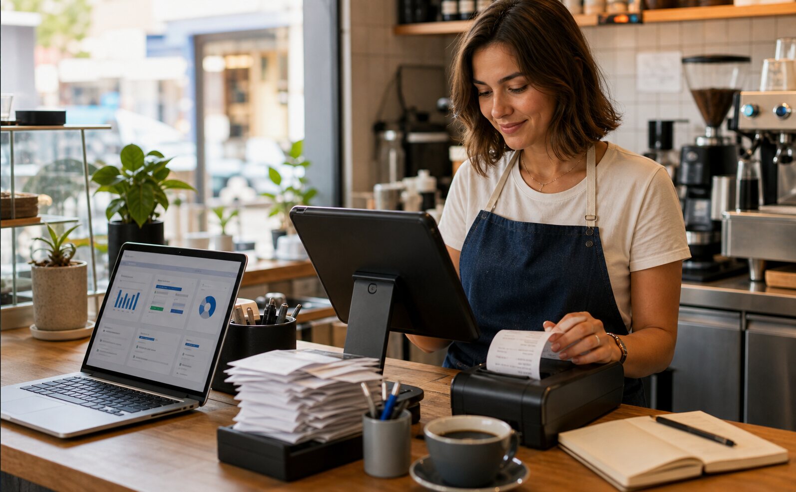 Cafe counter with POS, laptop, receipt stack, and close dashboard