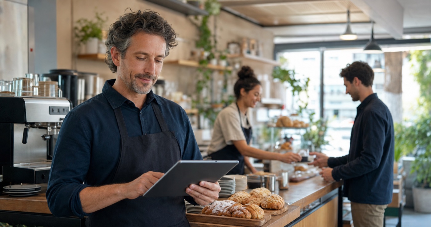 Cafe owner reading the morning operations brief at the counter