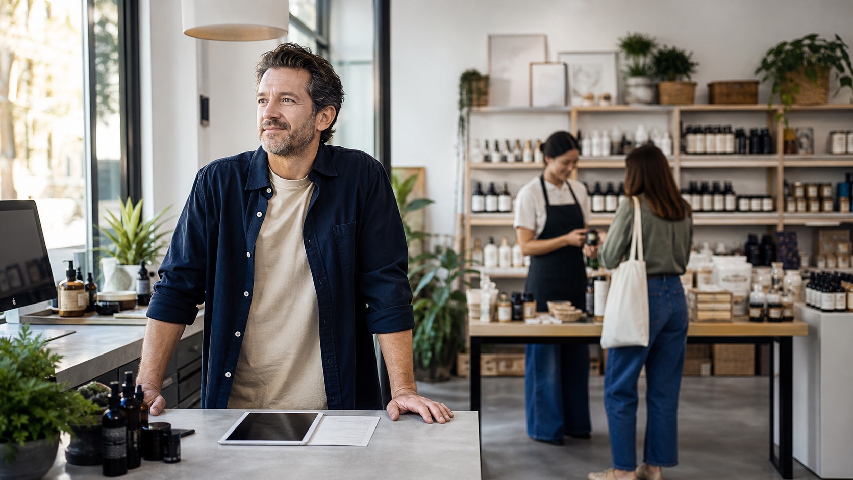 Relaxed shop owner at the counter while a team member helps a customer