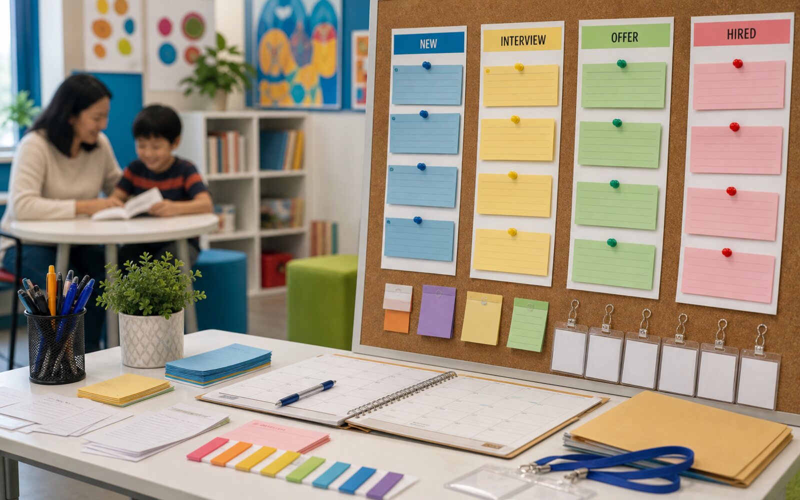 Colorful candidate pipeline board with interview cards, badges, and a paper calendar