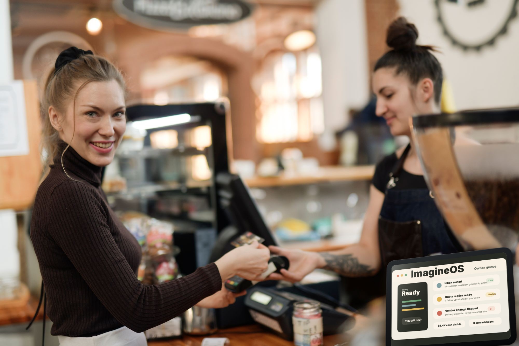 Restaurant owner privately reviewing ImagineOS at a staff-only station while customers dine nearby