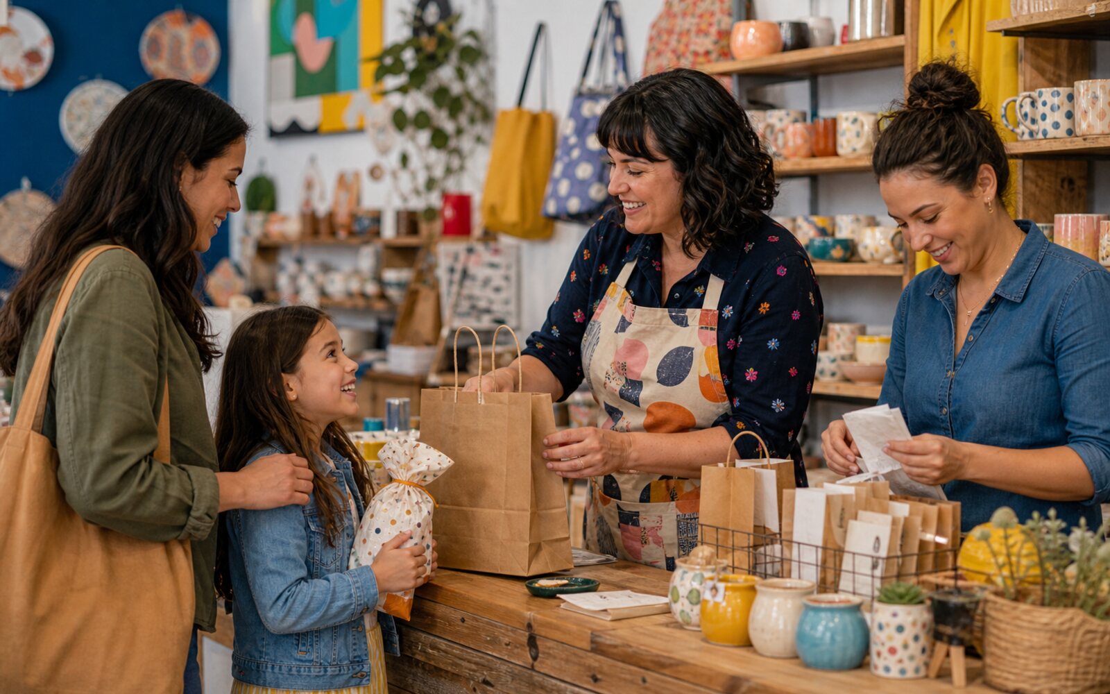 Shop owner handing a wrapped purchase to a smiling child and parent at a colorful store counter