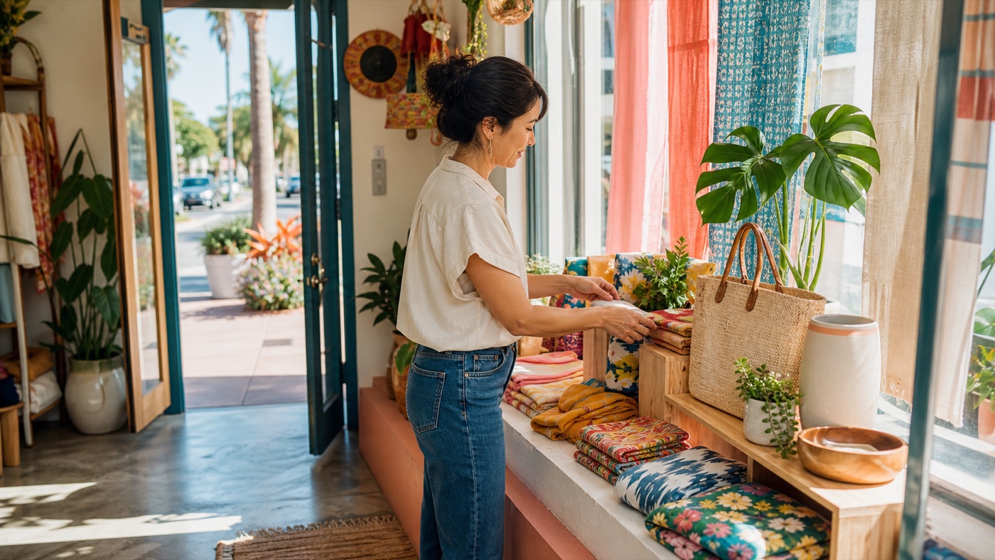 Boutique owner arranging colorful products in a sunlit neighborhood shop
