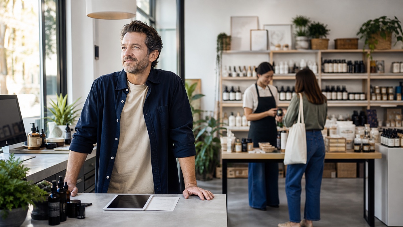 Retail owner standing calmly at the counter while a customer browses in the background